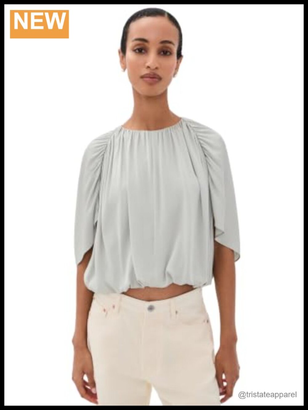 Silk Spandex Satin Cape Blouse Elbow Sleeve Crew Neck Bubble Hem